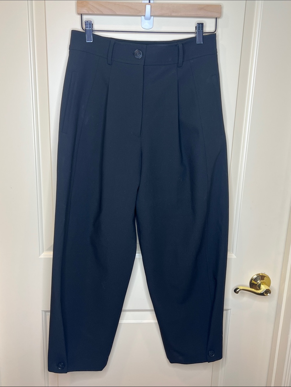Zara Women's Black Tailored Pleat Front Pants Button Barrel Hem